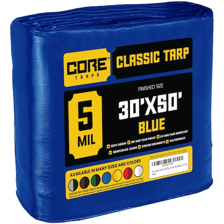 Core Tarps Heavy Duty Tarp, 50 ft L x 0.5 mm H x 30 ft W, 5 Mil, Blue, Polyethylene CT-505-30X50